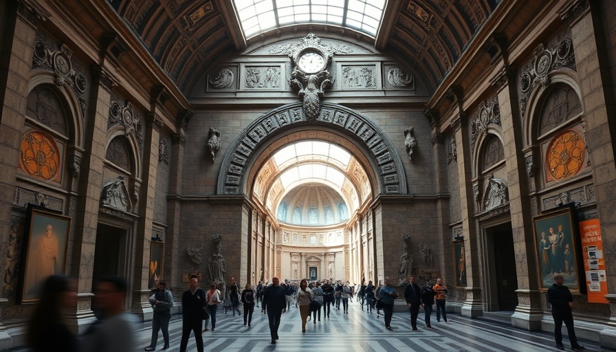 Visitors at the Vatican Museums explore grand archways and detailed carvings.
