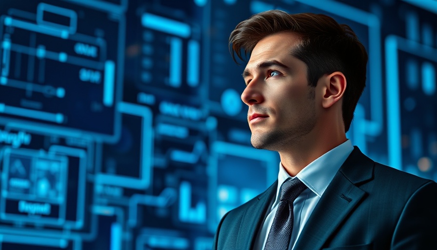 Portrait of a man in a suit amidst digital innovation