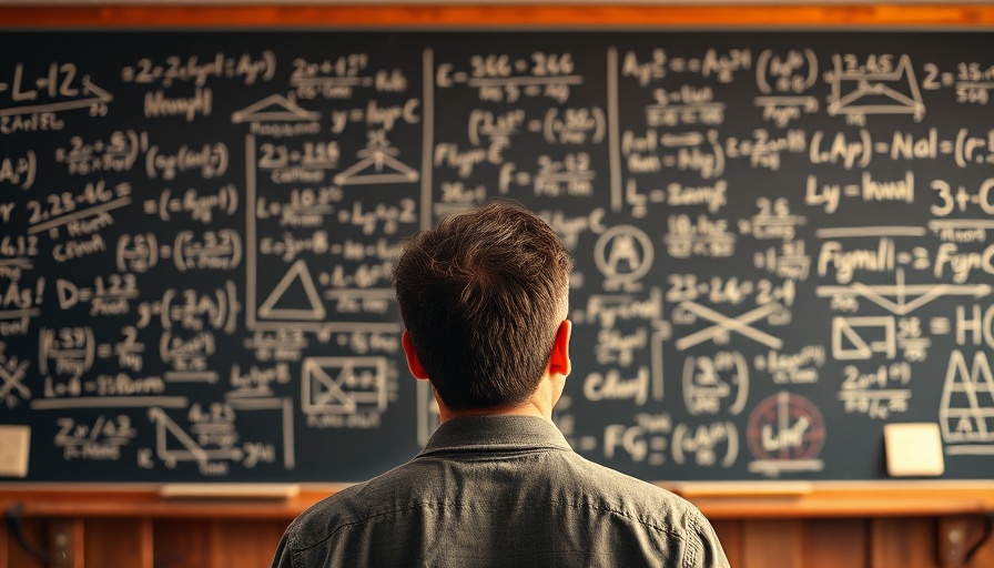 Man studying complex equations on chalkboard, symbolizing analysis.