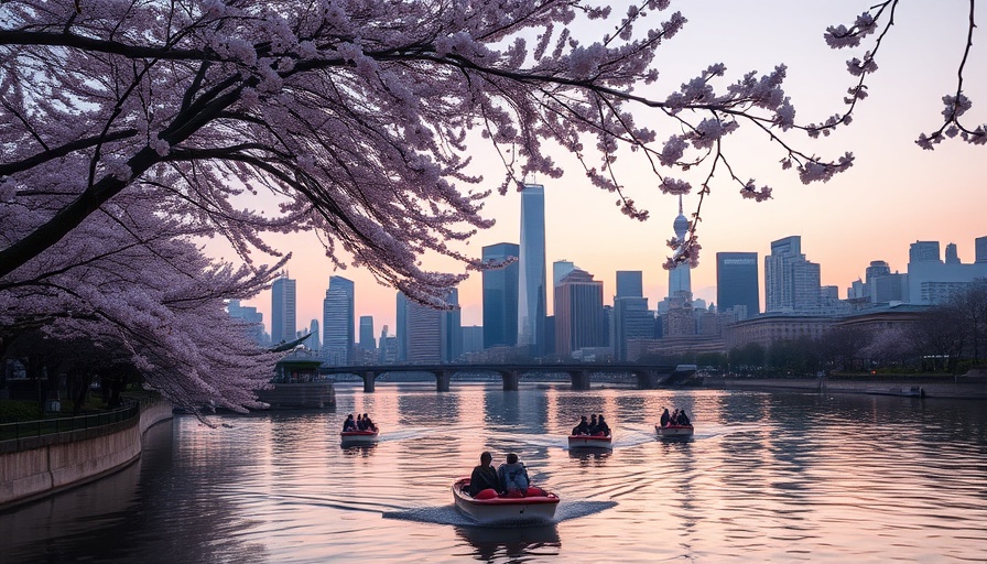 Cherry blossoms and boating in Japan during dusk