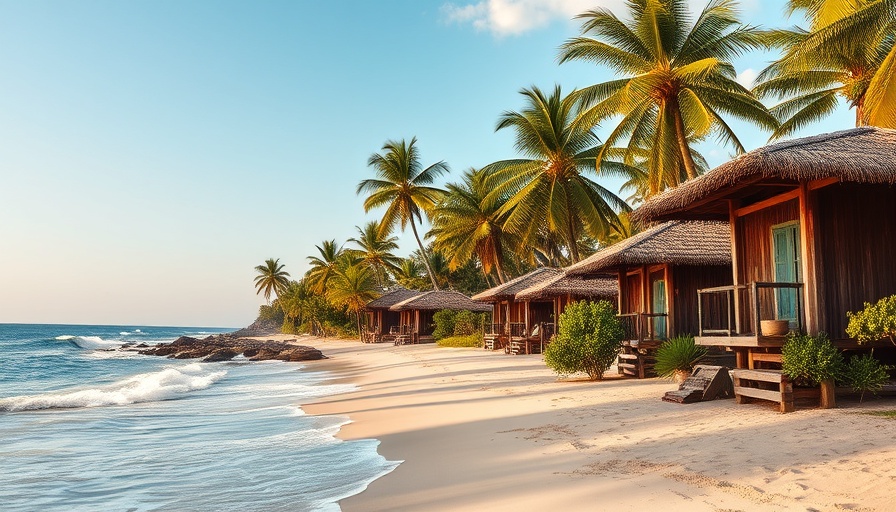 Serene coastal view in Old Goa with beach huts and palm trees.
