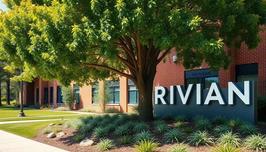 Rivian headquarters with prominent sign and greenery, Rivian Electric Vehicle Turnaround.