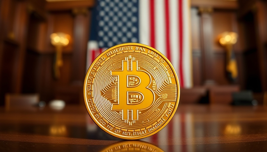 Golden Bitcoin coin in courtroom with American flag, symbolizing investment.