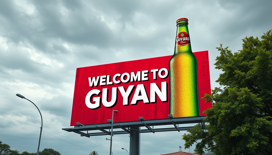 Welcome to Guyana billboard with Banks beer bottle, travel overland across the 3 Guianas.