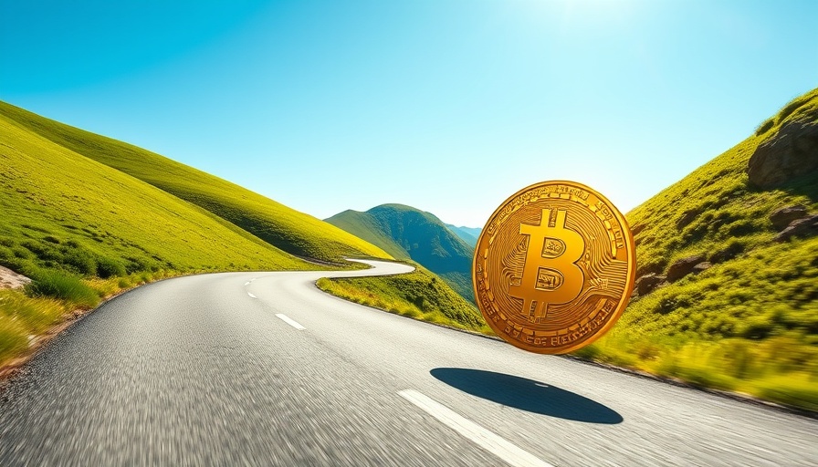 Bitcoin as a medium of exchange depicted by a rolling coin on a road.