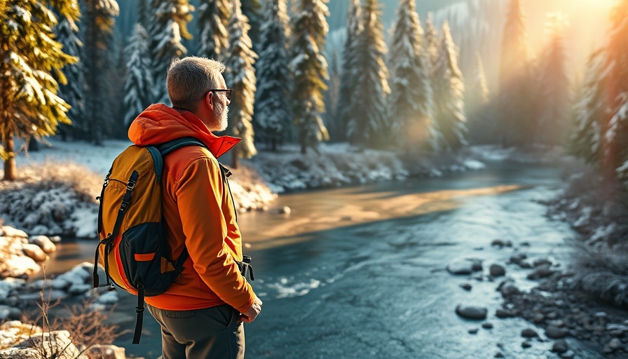 Solitary hiker by a river, scenic snowy forest, Spring Festivals in New Orleans April 2025.