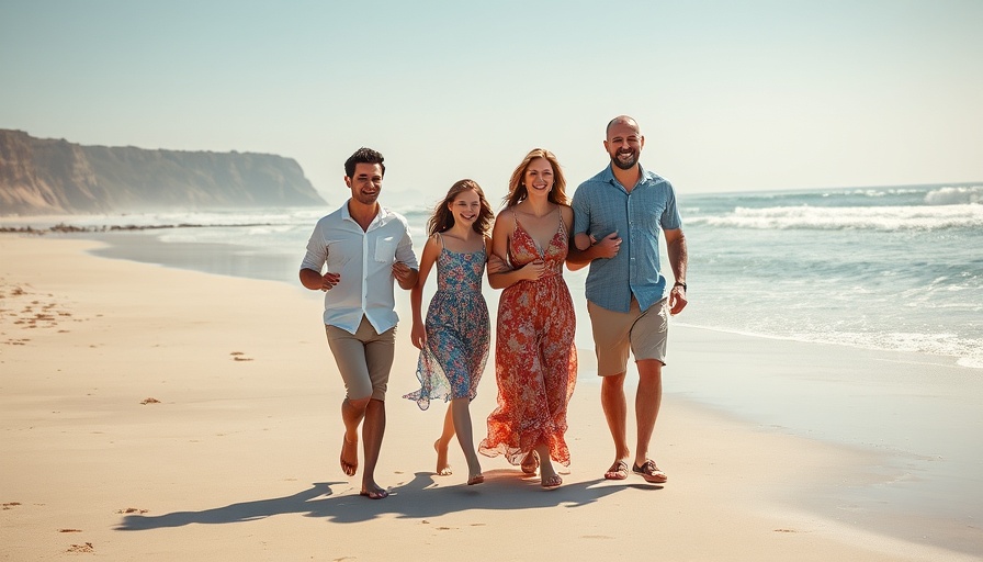 Joyful family on a European beach, enjoying a sunny getaway.