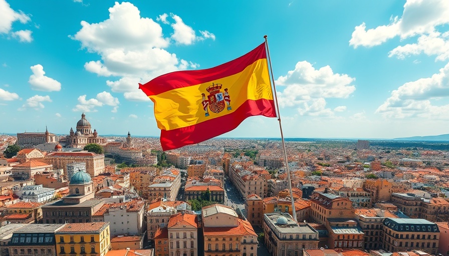 Spanish cityscape with flag, top destinations in mainland Spain for summer.