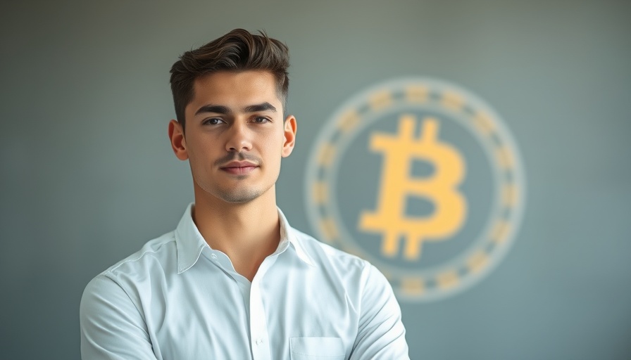 Confident young man standing with Bitcoin backdrop, Gen Z Bitcoin Bet.