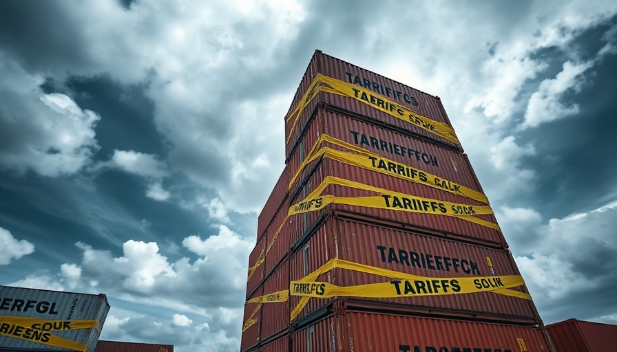 Liberation Day tariffs and market volatility depicted with containers wrapped in tariffs tape.