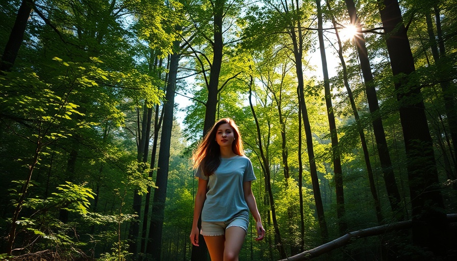 Woman walking in serene forest in Andaman, lush trees all around.