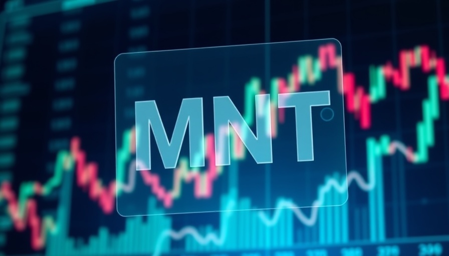Mantle (MNT) crypto logo with stock market chart background.