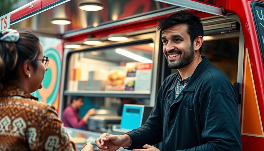 Street food vendor serving customer at food truck, Austin travel budget tips.