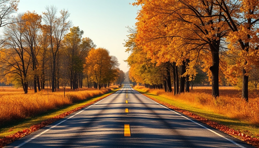 Long open road lined with autumn trees, common road trip scene.
