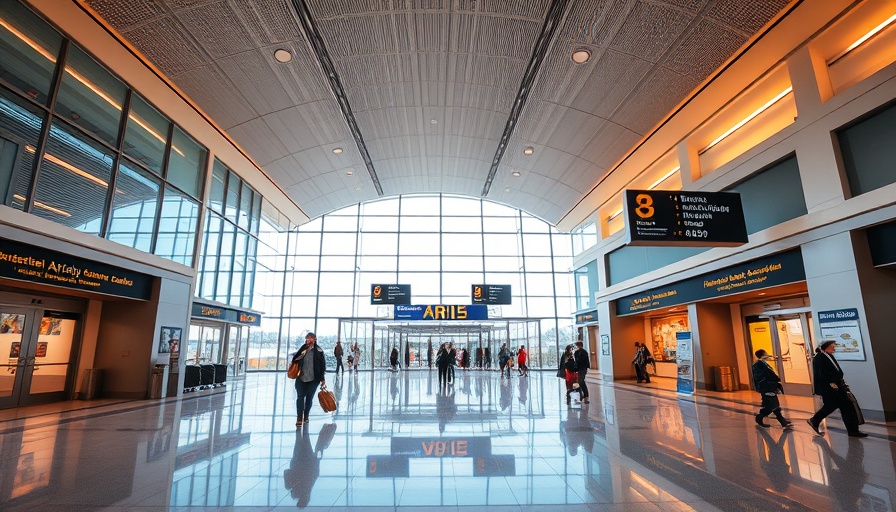 Modern airport arrival hall with glass doors and signage