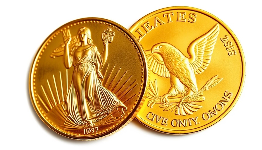 Shiny American eagle gold coins symbolizing gold mining stocks.