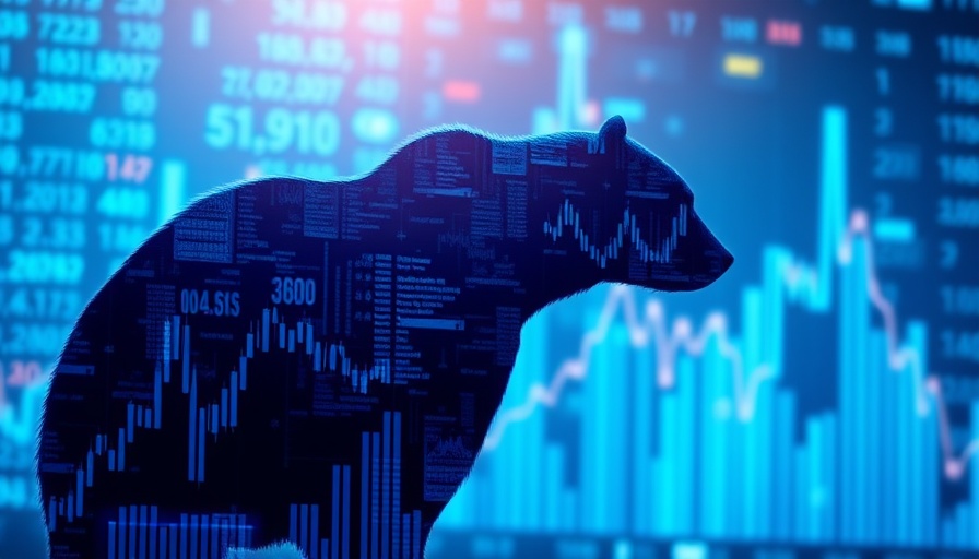 Stock market bear silhouette with colorful graphs and data.