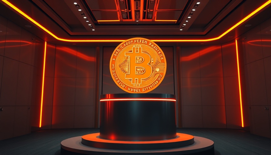 Corporate Bitcoin Communication Strategy: Bitcoin symbol on podium in high-tech room.