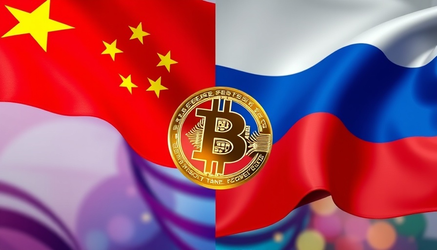Flags of China and Russia with Bitcoin symbol, Bitcoin Payments in Energy Transactions.