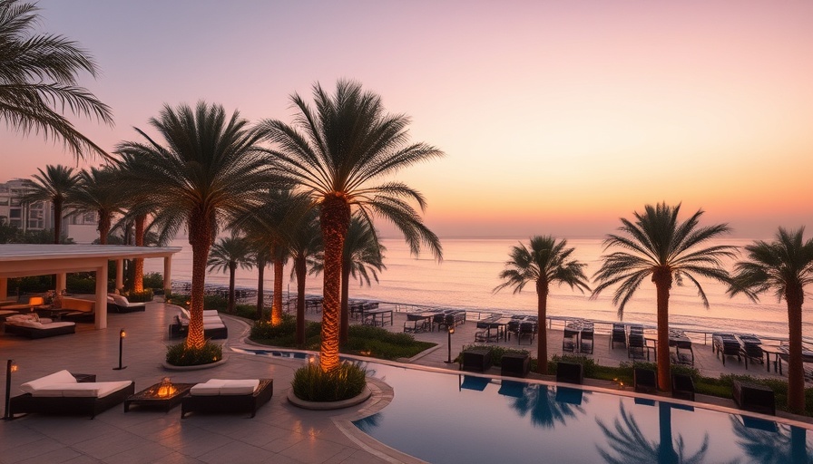 Sani Resort Halkidiki Greece at sunset with sea view and palm trees.