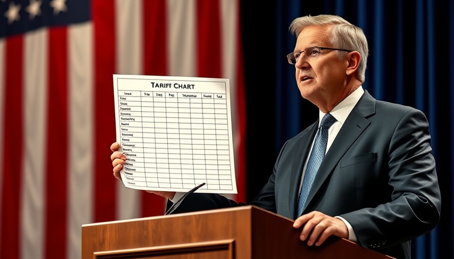 Man holds tariff chart at podium in front of American flag.