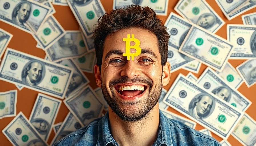 Smiling man with Bitcoin symbol and dollar bills, BABYUSDT perpetual swaps with 50x leverage.