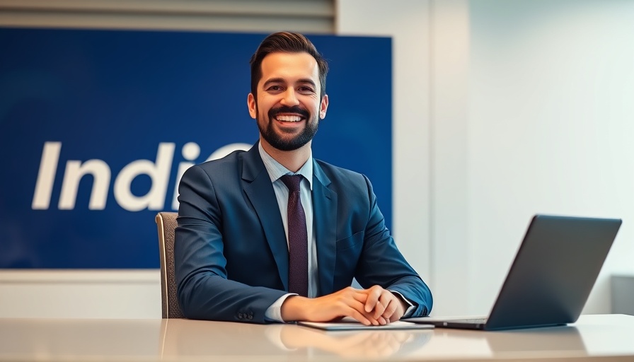 IndiGo executive smiling in blue suit, discussing tariff impact.