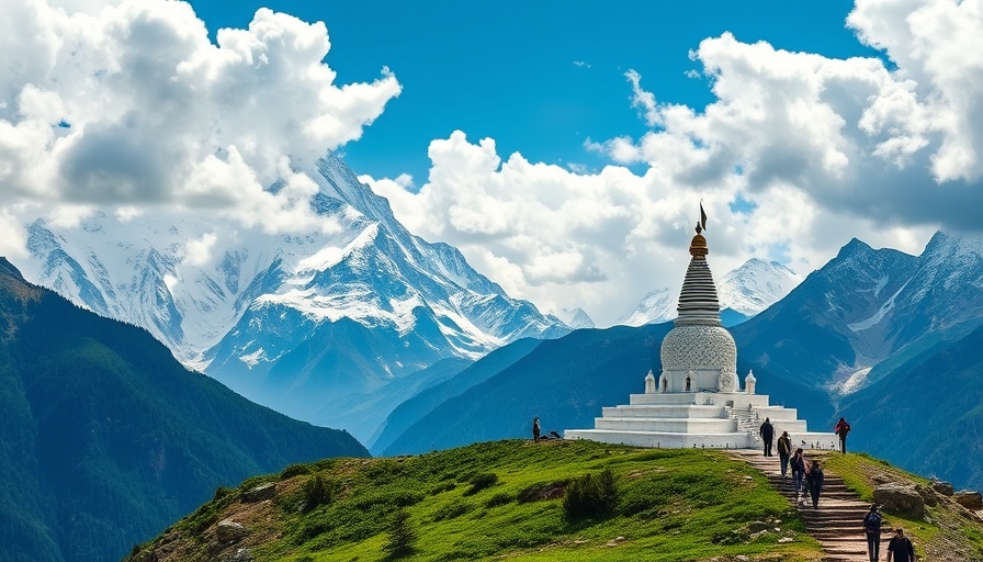 Trekkers near a stupa with snow-capped mountains in Nepal.