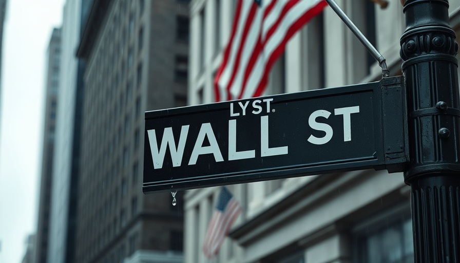Wall Street sign with American flag in background, overcast day.