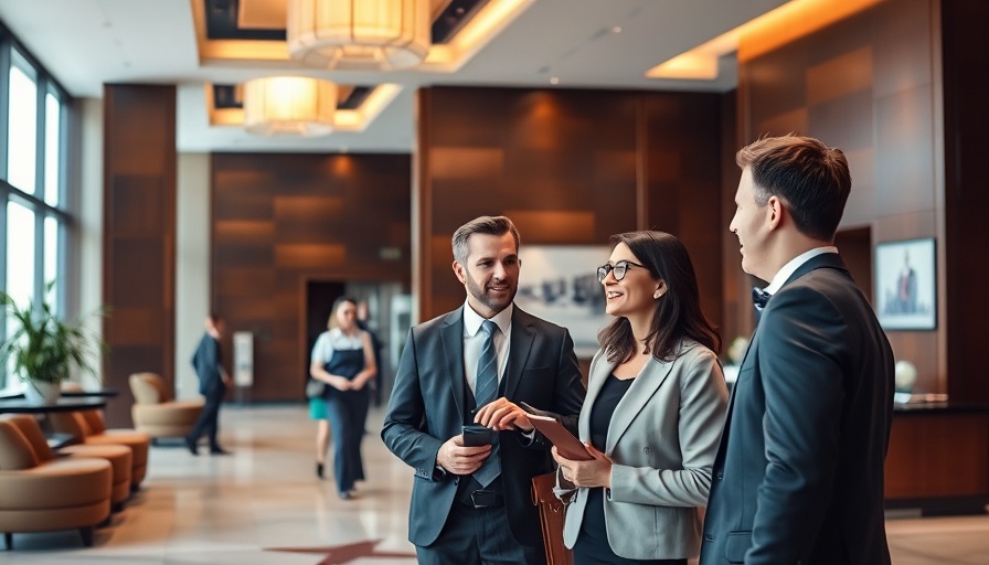 Business travelers engaging with smiling receptionist at hotel, India's hospitality sector growth.