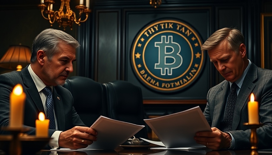 Serious bankers discussing cryptocurrency, Bitcoin emblem visible.