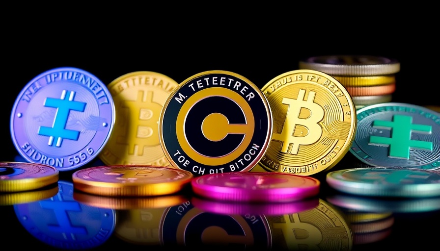 Colorful crypto coins showcasing Tether and Circle with black background.