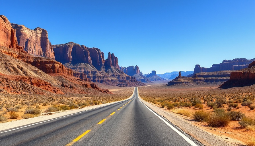 Long highway through desert rocks, showcasing most dangerous roads in the US.