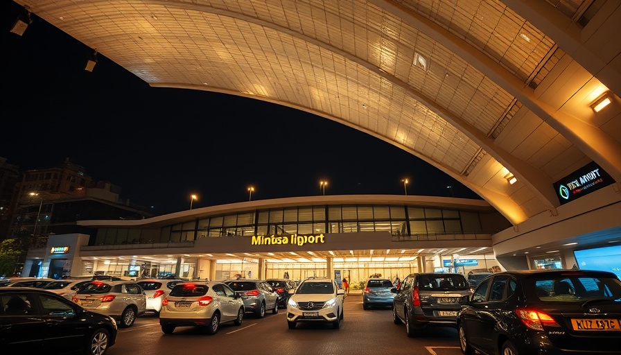 Night view of Mumbai airport entrance with cars, focus on distinctive ceiling architecture.