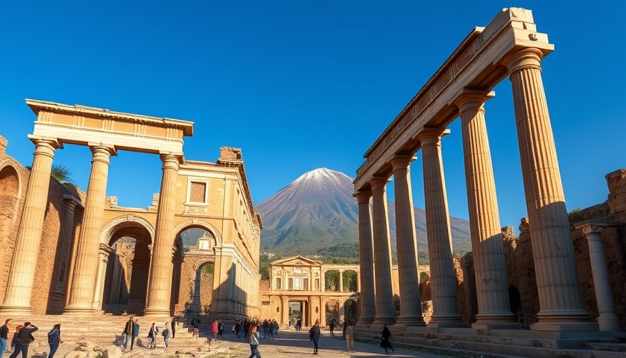 Ancient Pompeii ruins with columns and arch, Mount Vesuvius view.