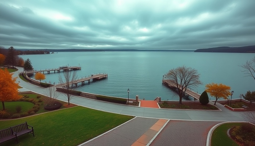 Waterfront park at Chautauqua Lake with piers and pathways
