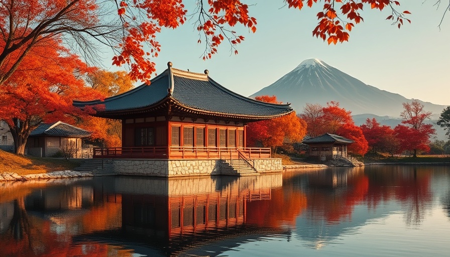 Traditional pavilion by pond in South Korea’s countryside, autumn scene.