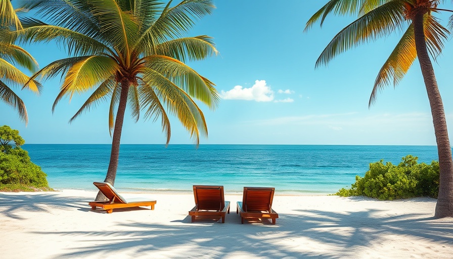 Peaceful beach on a lesser known Caribbean island with palm trees and loungers.