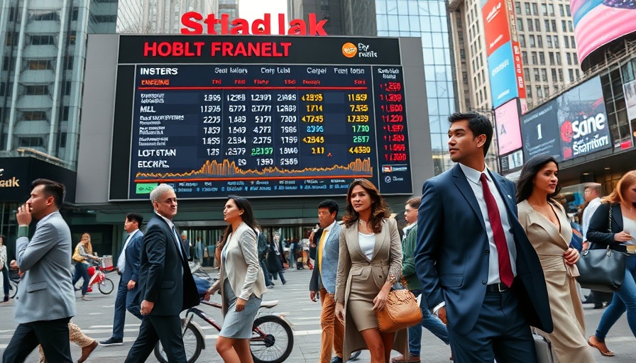 Asian business professionals pass a stock board showing dollar rise.