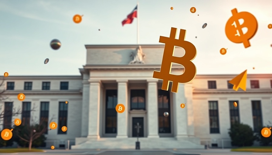 Cryptocurrency symbols over Federal Reserve building representing crypto regulations.
