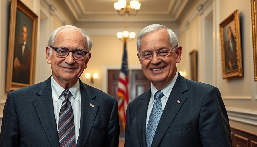 Two men in suits smiling in a hallway with portraits and flag.