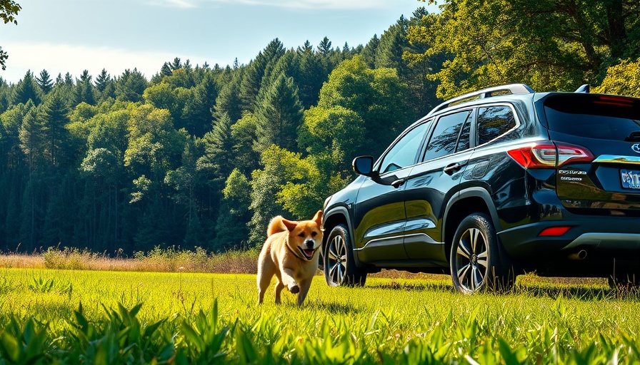 Doge Memorial Party Announcement with dogs and SUV in forested field.