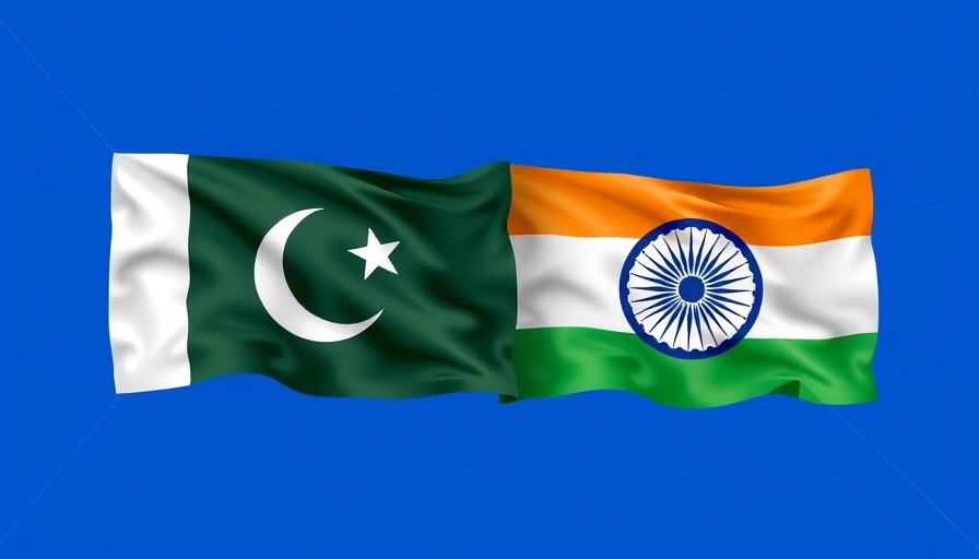 Abstract geometric overlay of Pakistan and India flags.
