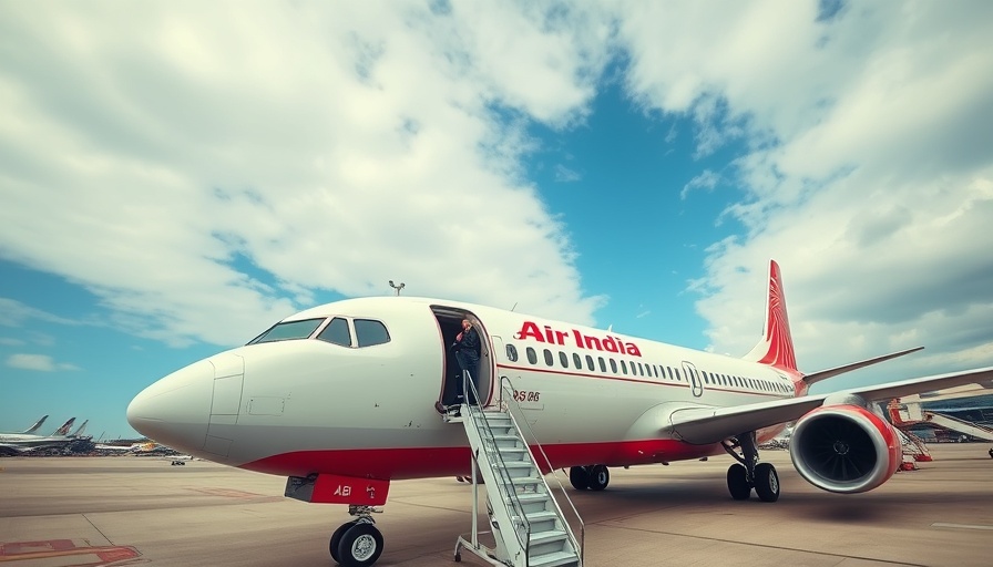 Air India plane at airport with passenger boarding under cloudy sky.