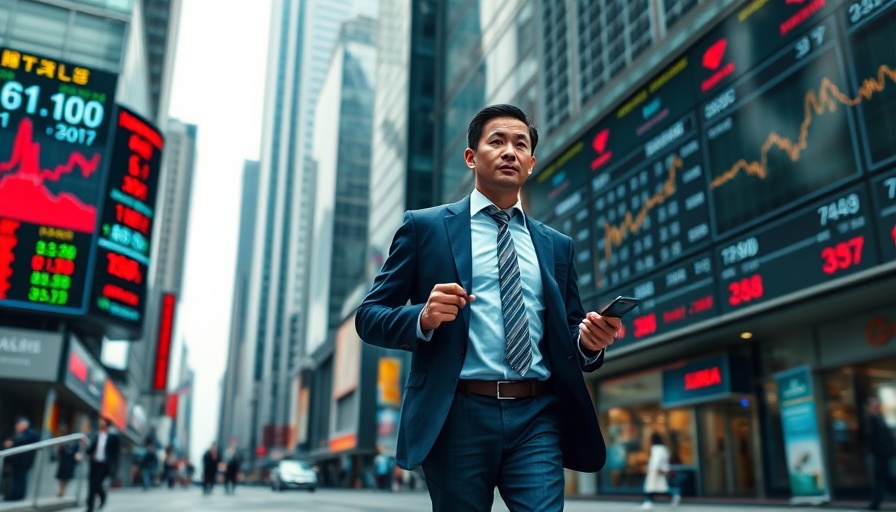 Asian stocks rise depicted on digital stock boards with businessman walking.