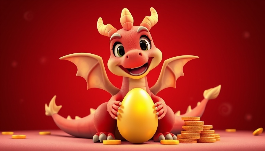 Cheerful cartoon dragon with golden egg in Dragoin presale theme.