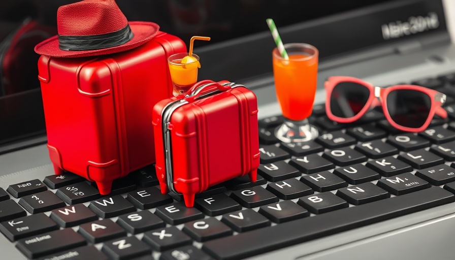 Creative international travel trends with suitcases on keyboard.