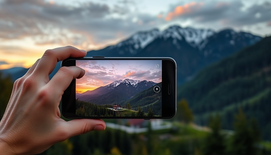 Hand capturing vacation video of mountains during sunset.