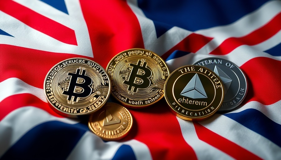 Cryptocurrency coins on UK flag, symbolizing UK crypto regulation.