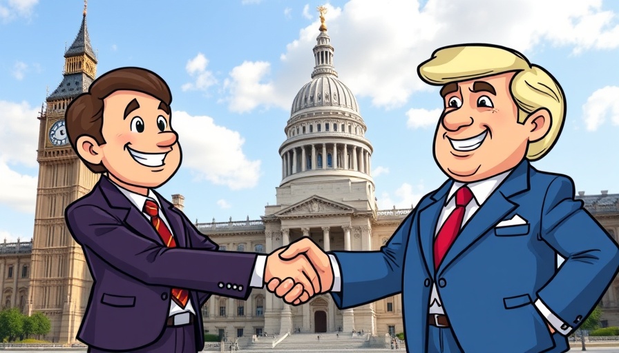 Cartoon UK and US characters shaking hands over cryptocurrency regulations.